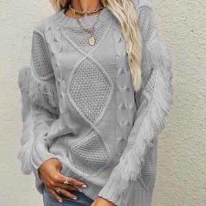 Light Blue Cable Knit Sweater with Fringe